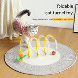 S-Shape Collapsible Cat Tunnel – Spring Steel Frame, Crinkle Fabric & Feather/Sisal Toy Attachments
