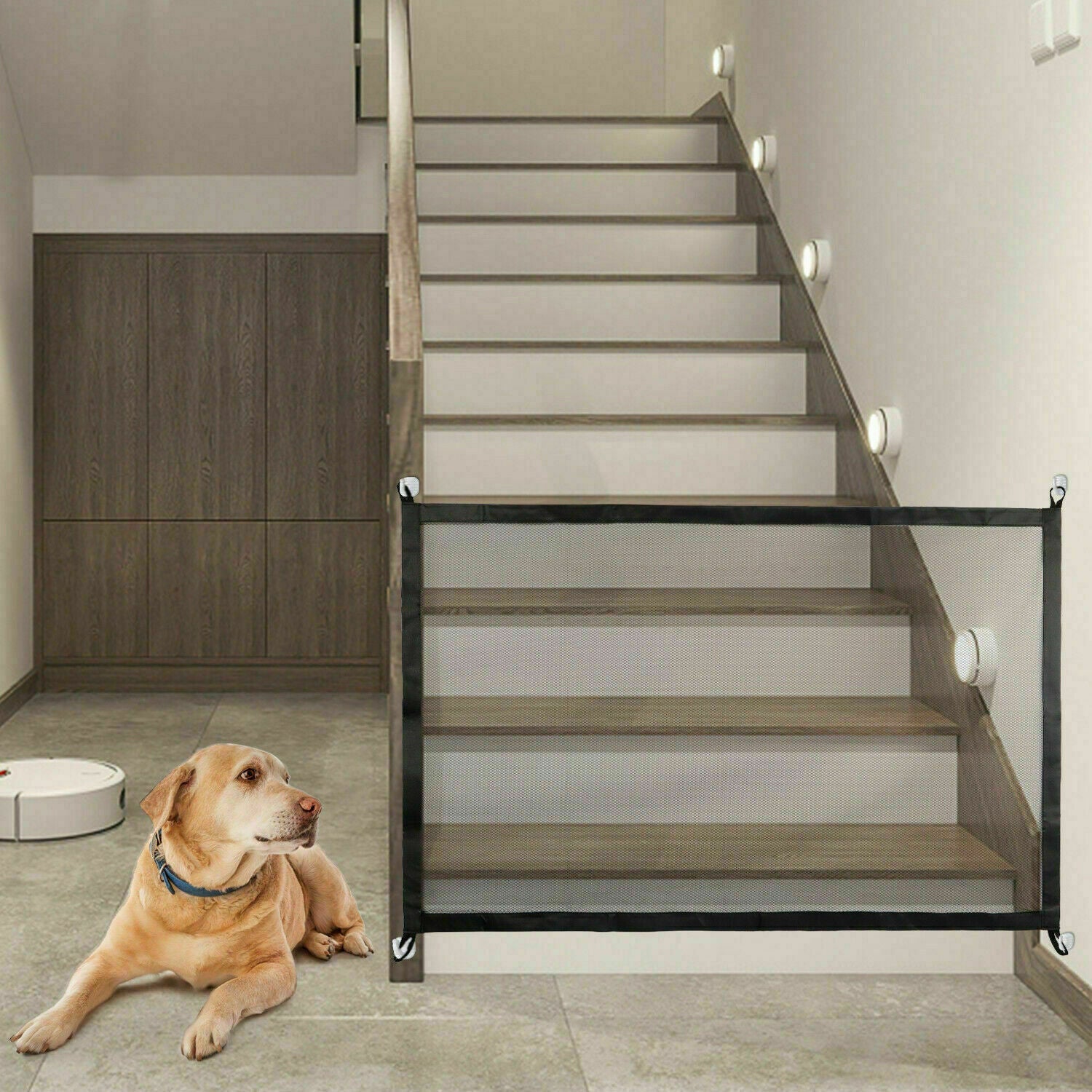 Retractable Mesh Pet Safety Gate – No-Drill Portable Barrier for Doorways, Stairs & Hallways