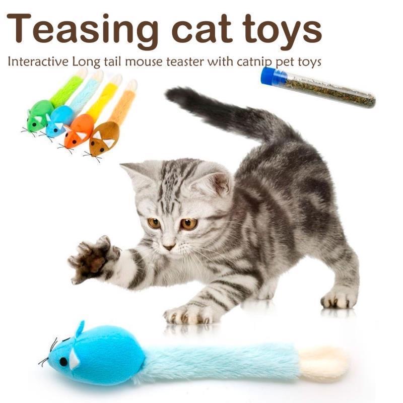 Long-Tail Plush Mouse Cat Toy – Interactive Teaser with Catnip Vial Included