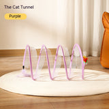 S-Shape Collapsible Cat Tunnel – Spring Steel Frame, Crinkle Fabric & Feather/Sisal Toy Attachments