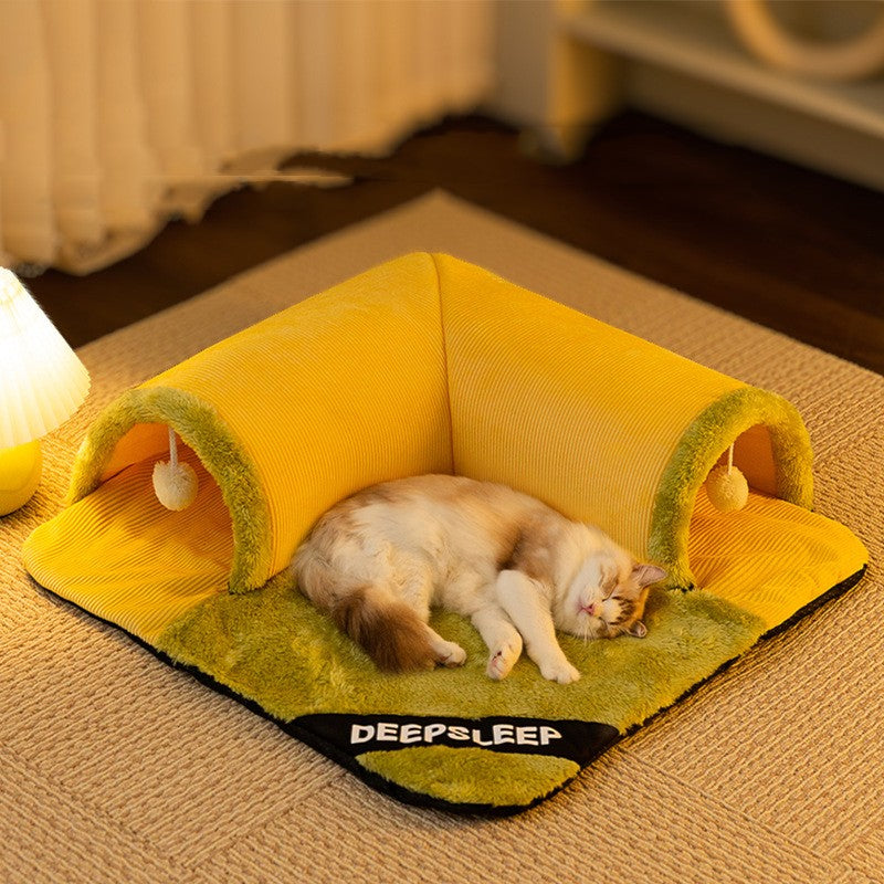 2-in-1 Cat Tunnel Nest – Plush Sleeping Mat, Arched Tunnel & Pom-Pom Toy