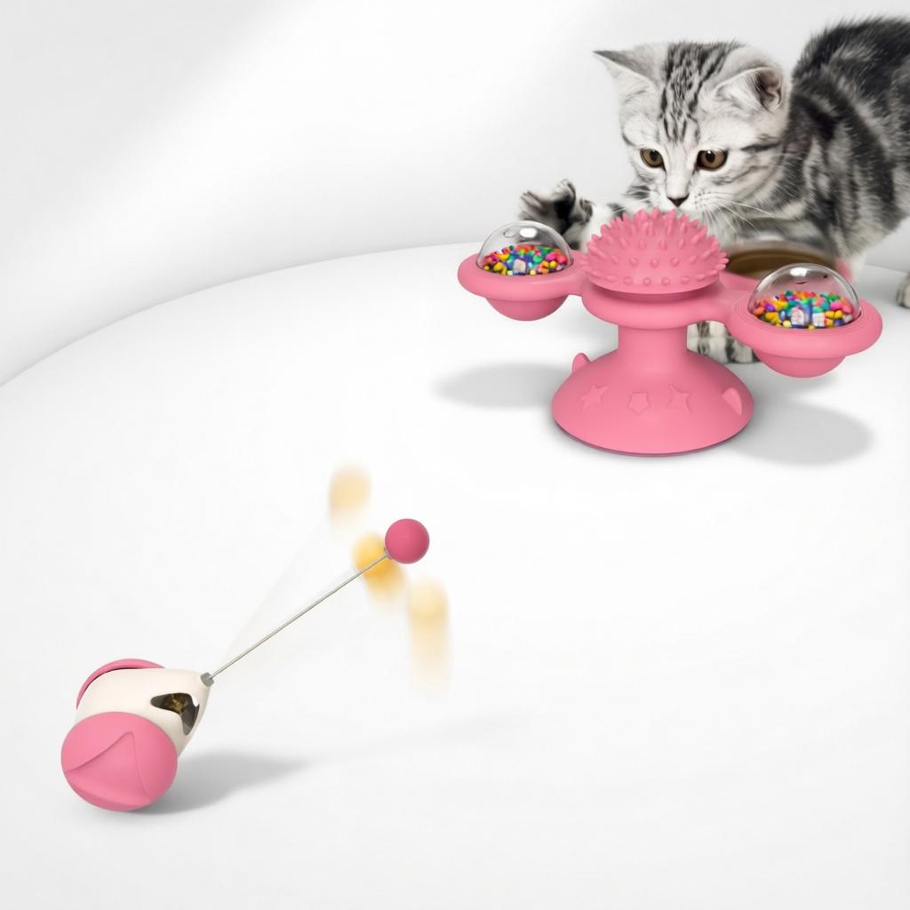 Spinning Windmill Cat Toy – Interactive Suction Cup Toy with Teeth Cleaning & Catnip Ball