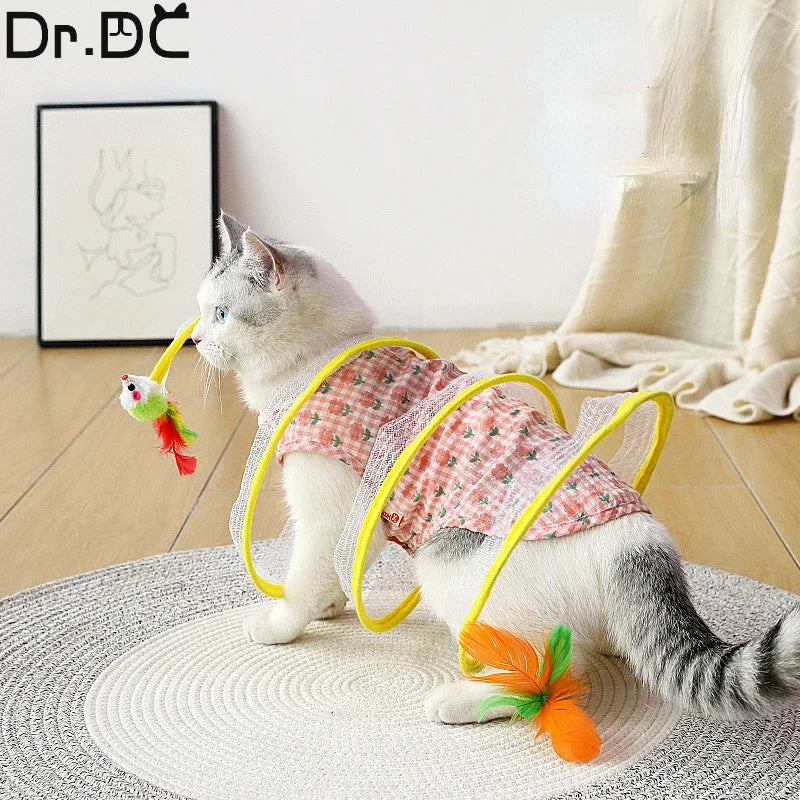 S-Shape Collapsible Cat Tunnel – Spring Steel Frame, Crinkle Fabric & Feather/Sisal Toy Attachments
