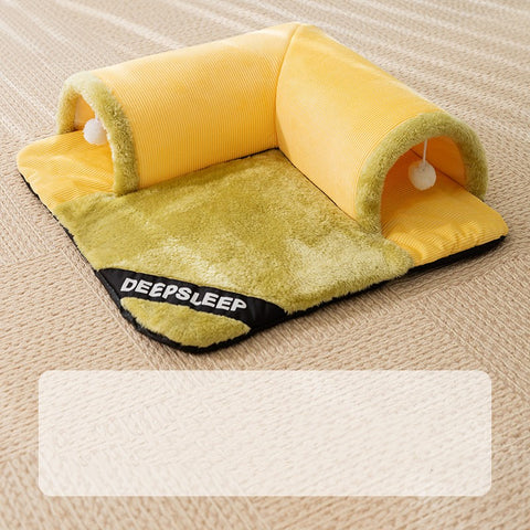 2-in-1 Cat Tunnel Nest – Plush Sleeping Mat, Arched Tunnel & Pom-Pom Toy