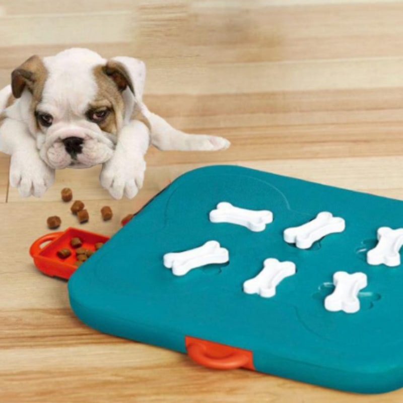 Dog Treat Puzzle Board – Slide-the-Bone Hide & Seek Enrichment Toy with Pull-Out Treat Drawers